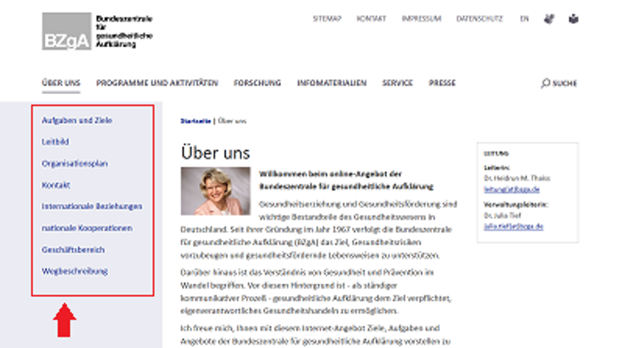 Screenshot bzga.de - Ausschnitt mit der linken Navigationsspalte