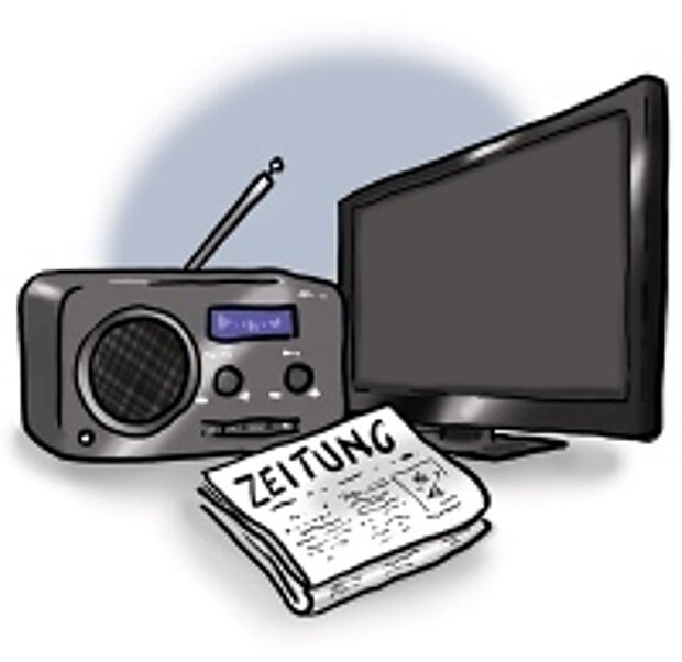 Bildschirm, Radio und eine Zeitung