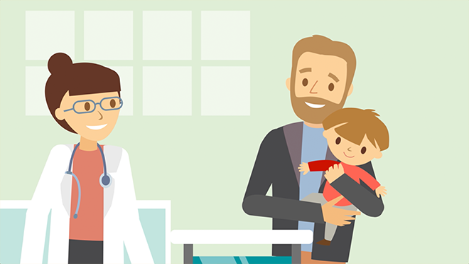 Bild aus Animationsvideo: Ein Vater mit Kleinkind auf dem Arm bei der Ärztin.