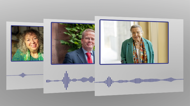 Drei Fachleute im Bereich Gesundes Altern und das Podcastzeichen zeigen ihre Podcast-Mitwirkung an.